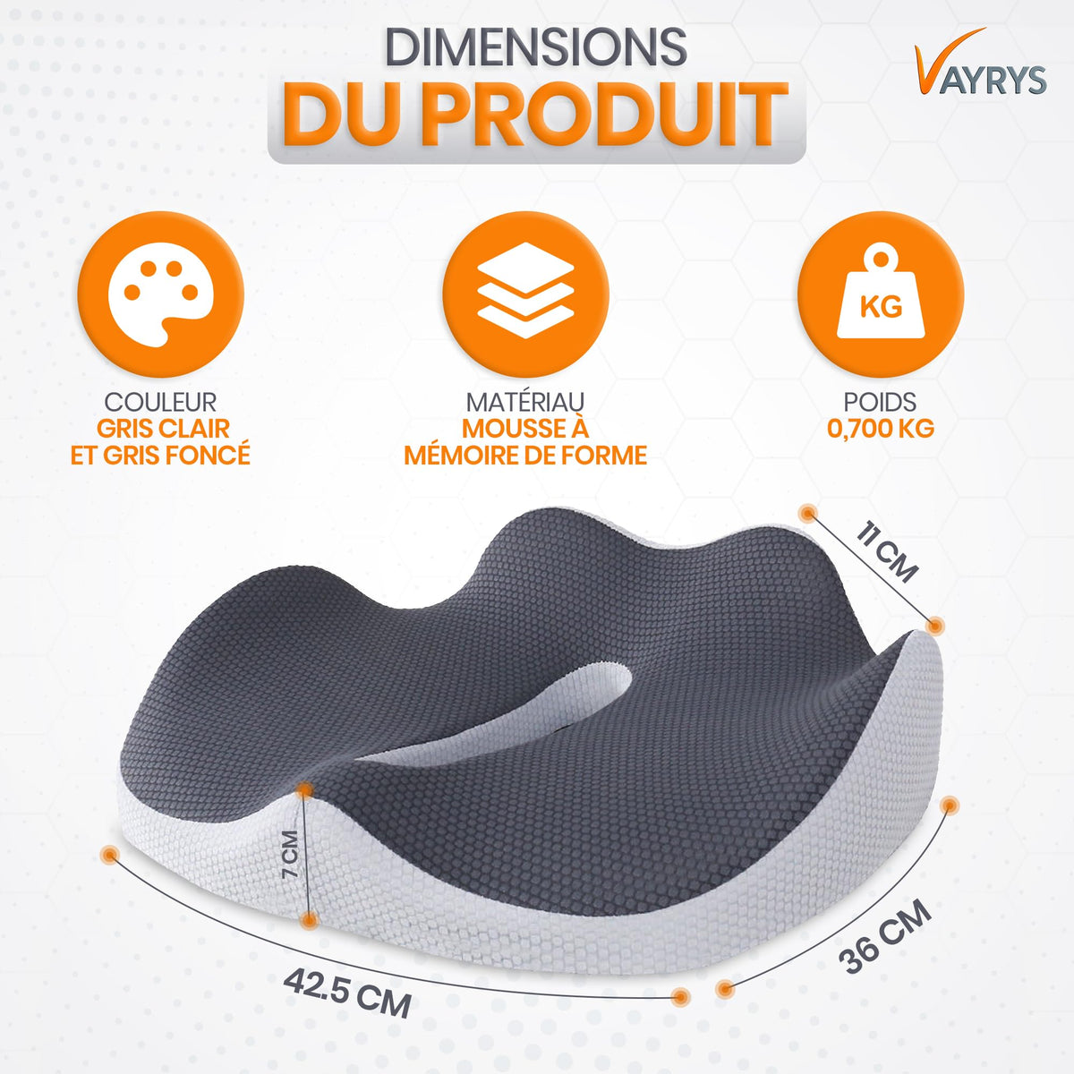Dimensions du coussin ergonomique VAYRYS