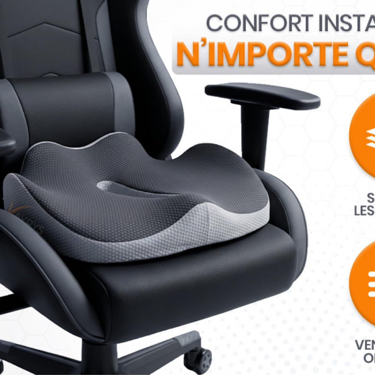 Coussin VAYRYS installé sur un fauteuil de bureau